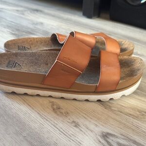 Reef Tan Leather Sandals with Cork Footbed